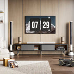 Meuble TV en marbre noir / noyer / pin avec portes coulissantes – Style moderne du milieu du siècle, usage familial