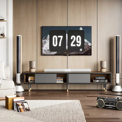 Meuble TV en marbre noir / noyer / pin avec portes coulissantes – Style moderne du milieu du siècle, usage familial