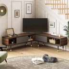 Meuble TV en marbre noir / noyer / pin avec portes coulissantes – Style moderne du milieu du siècle, usage familial