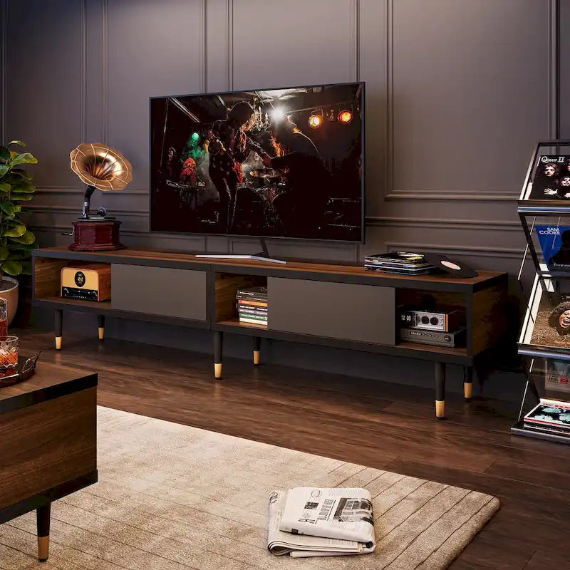 Meuble TV en marbre noir / noyer / pin avec portes coulissantes – Style moderne du milieu du siècle, usage familial