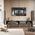 Meuble TV en marbre noir / noyer / pin avec portes coulissantes – Style moderne du milieu du siècle, usage familial