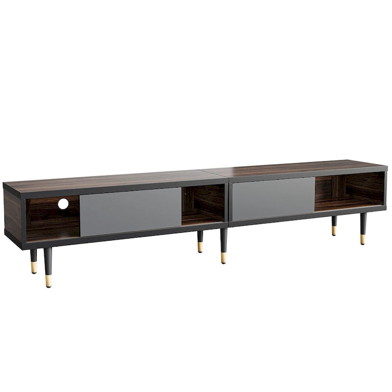 Meuble TV en marbre noir / noyer / pin avec portes coulissantes – Style moderne du milieu du siècle, usage familial