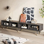 Meuble TV en marbre noir / noyer / pin avec portes coulissantes – Style moderne du milieu du siècle, usage familial