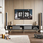 Meuble TV en marbre noir / noyer / pin avec portes coulissantes – Style moderne du milieu du siècle, usage familial