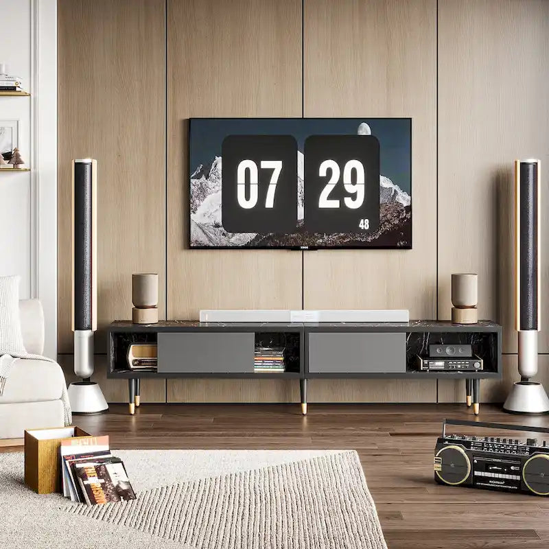 Meuble TV en marbre noir / noyer / pin avec portes coulissantes – Style moderne du milieu du siècle, usage familial