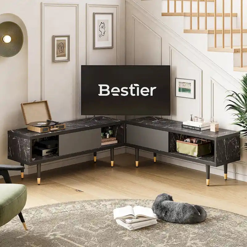 Meuble TV en marbre noir / noyer / pin avec portes coulissantes – Style moderne du milieu du siècle, usage familial