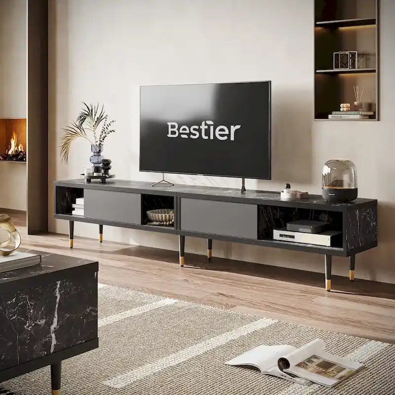 Meuble TV en marbre noir / noyer / pin avec portes coulissantes – Style moderne du milieu du siècle, usage familial