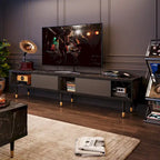 Meuble TV en marbre noir / noyer / pin avec portes coulissantes – Style moderne du milieu du siècle, usage familial
