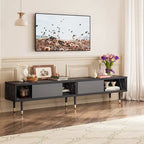 Meuble TV en marbre noir / noyer / pin avec portes coulissantes – Style moderne du milieu du siècle, usage familial