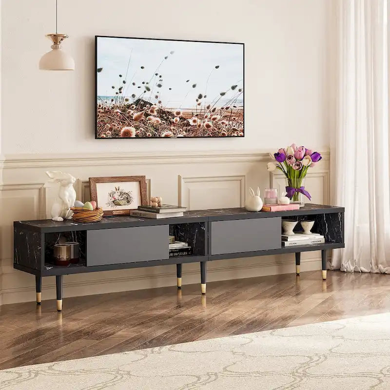 Meuble TV en marbre noir / noyer / pin avec portes coulissantes – Style moderne du milieu du siècle, usage familial