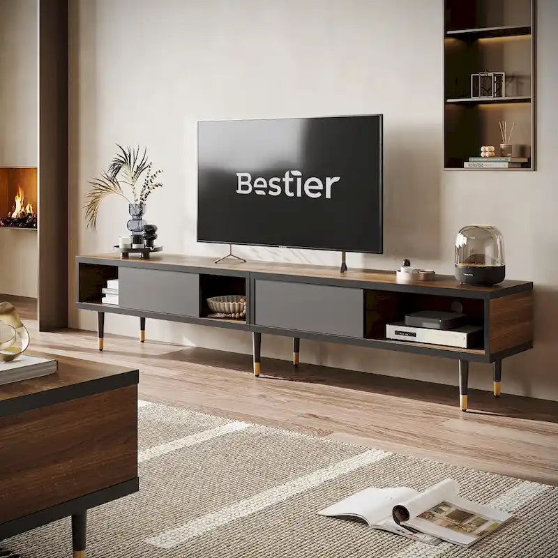 Meuble TV en marbre noir / noyer / pin avec portes coulissantes – Style moderne du milieu du siècle, usage familial
