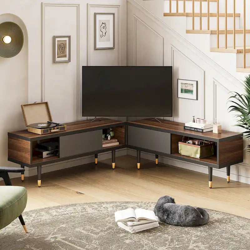 Meuble TV en marbre noir / noyer / pin avec portes coulissantes – Style moderne du milieu du siècle, usage familial