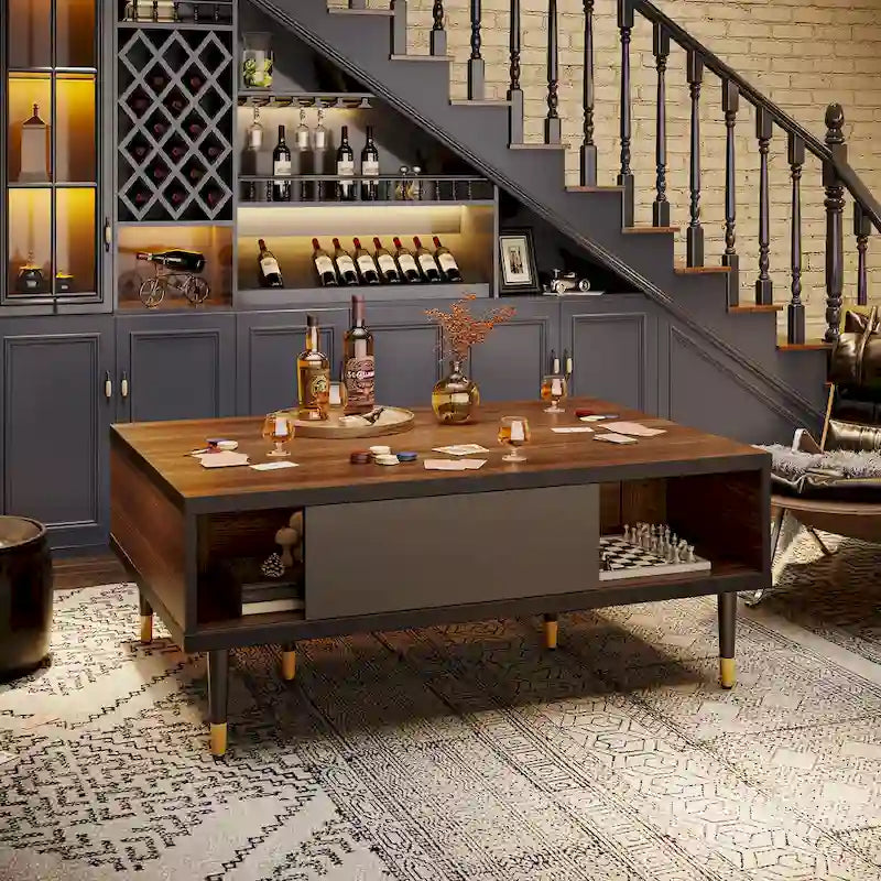 Meuble TV en marbre noir / noyer / pin avec portes coulissantes – Style moderne du milieu du siècle, usage familial