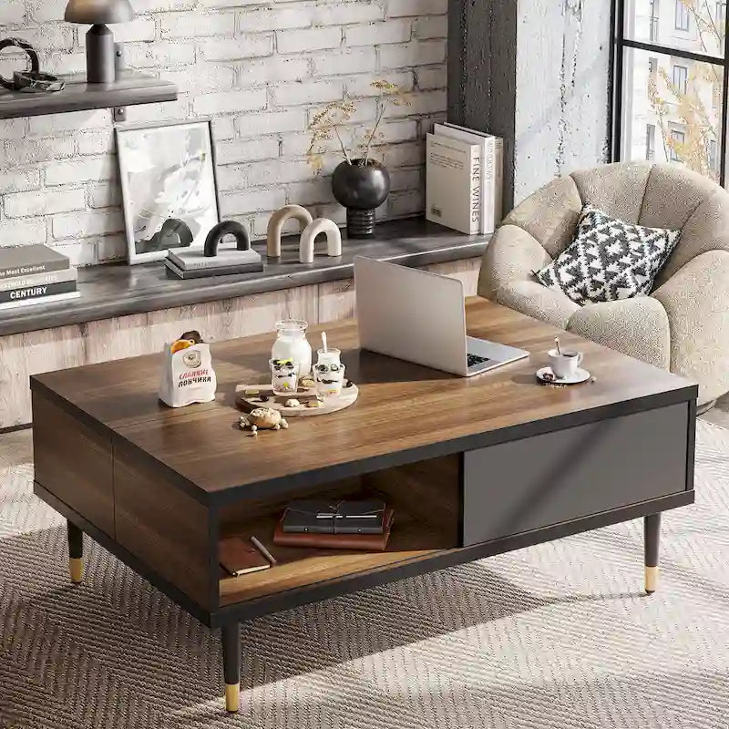 Meuble TV en marbre noir / noyer / pin avec portes coulissantes – Style moderne du milieu du siècle, usage familial