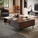 Meuble TV en marbre noir / noyer / pin avec portes coulissantes – Style moderne du milieu du siècle, usage familial