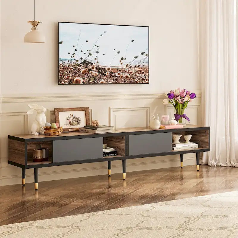 Meuble TV en marbre noir / noyer / pin avec portes coulissantes – Style moderne du milieu du siècle, usage familial