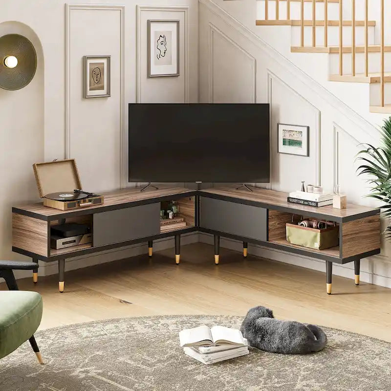 Meuble TV en marbre noir / noyer / pin avec portes coulissantes – Style moderne du milieu du siècle, usage familial