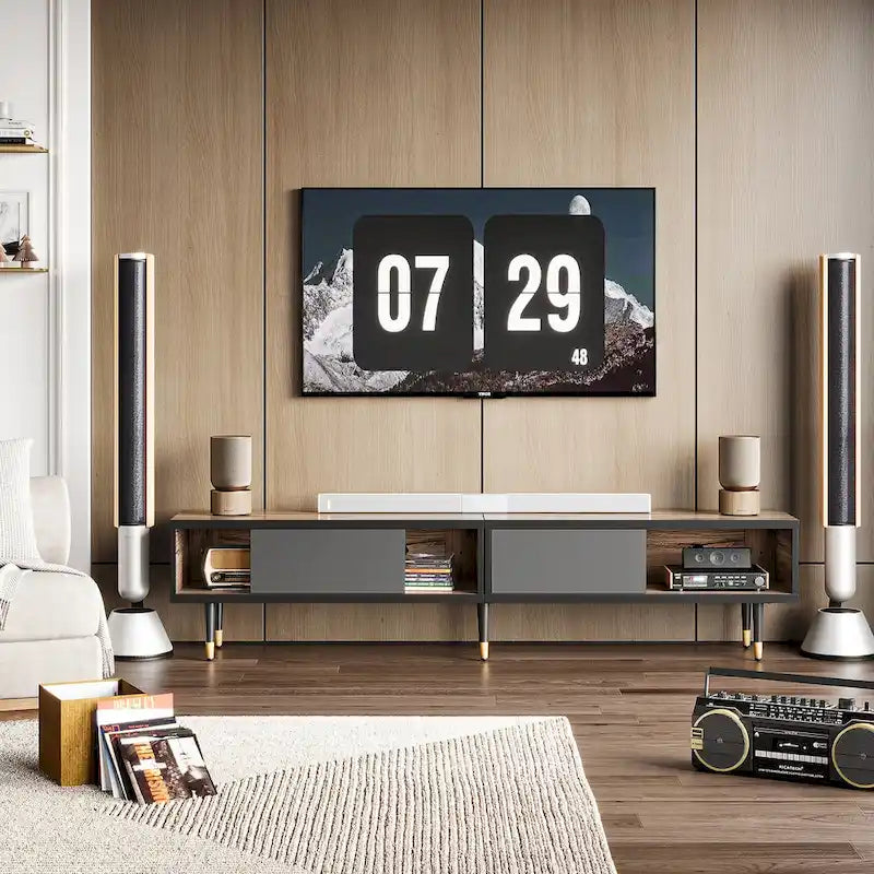 Meuble TV en marbre noir / noyer / pin avec portes coulissantes – Style moderne du milieu du siècle, usage familial