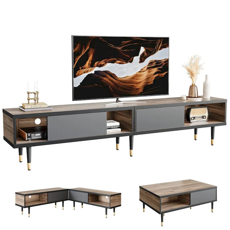 Meuble TV en marbre noir / noyer / pin avec portes coulissantes – Style moderne du milieu du siècle, usage familial