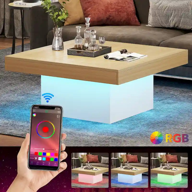 Table basse carrée LED multicolore – Style rustique de ferme, pour 1 à 4 personnes