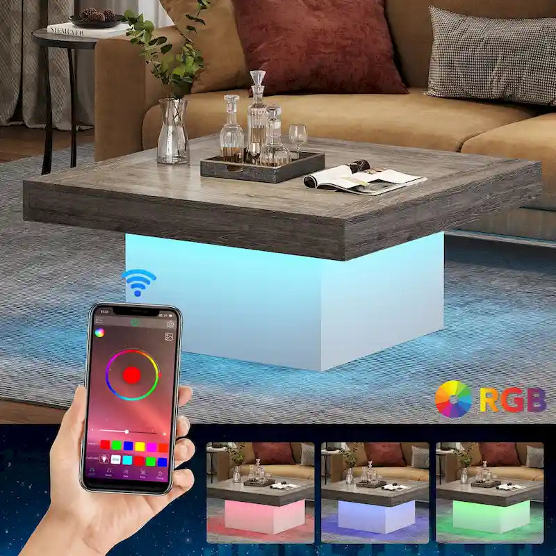 Table basse carrée LED multicolore – Style rustique de ferme, pour 1 à 4 personnes