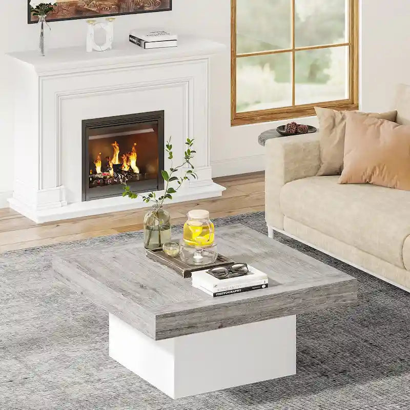 Table basse carrée LED multicolore – Style rustique de ferme, pour 1 à 4 personnes