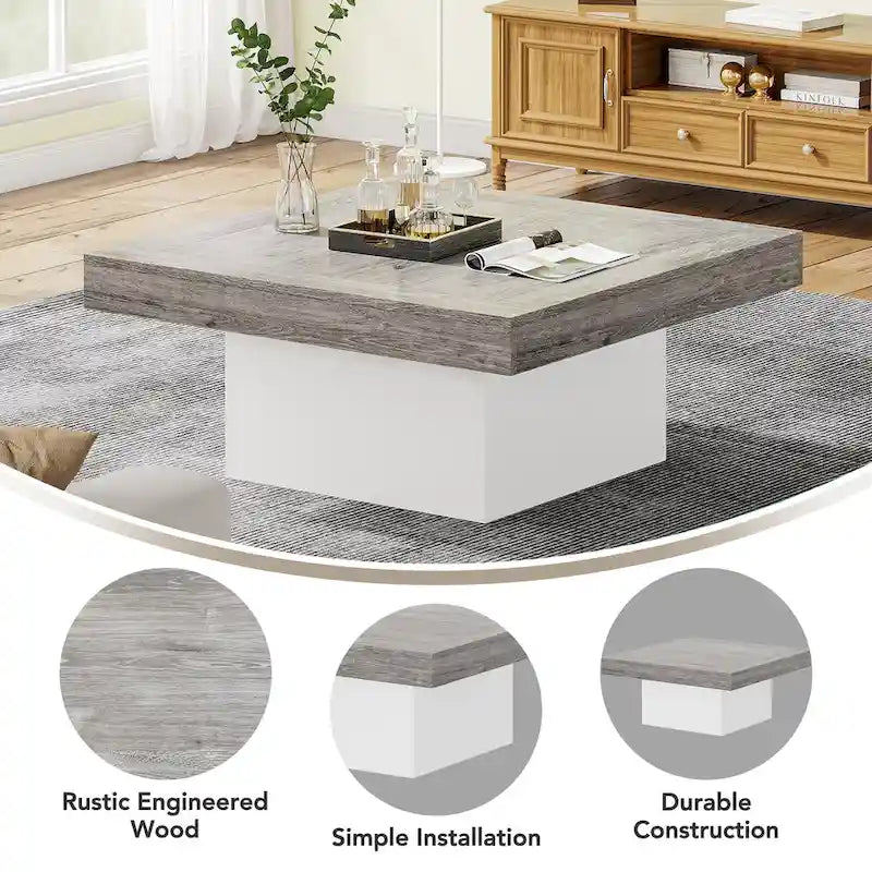Table basse carrée LED multicolore – Style rustique de ferme, pour 1 à 4 personnes