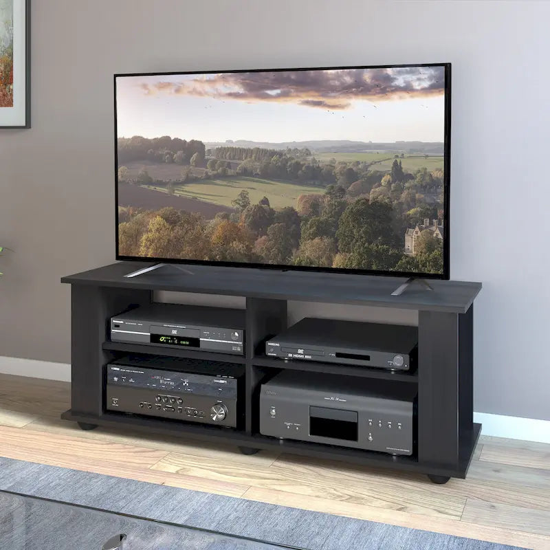 Meuble TV noir à étagères ouvertes – Style contemporain, usage familial