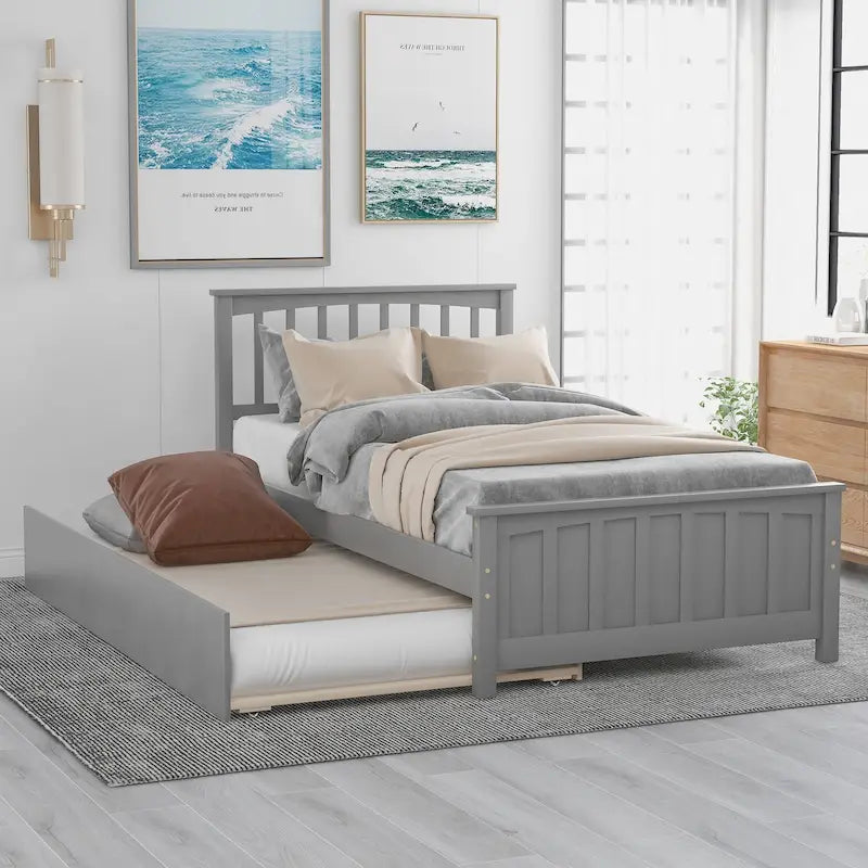 Lit plateforme double en pin massif gris/blanc avec lit gigogne – Style moderne, pour 1 à 2 personnes