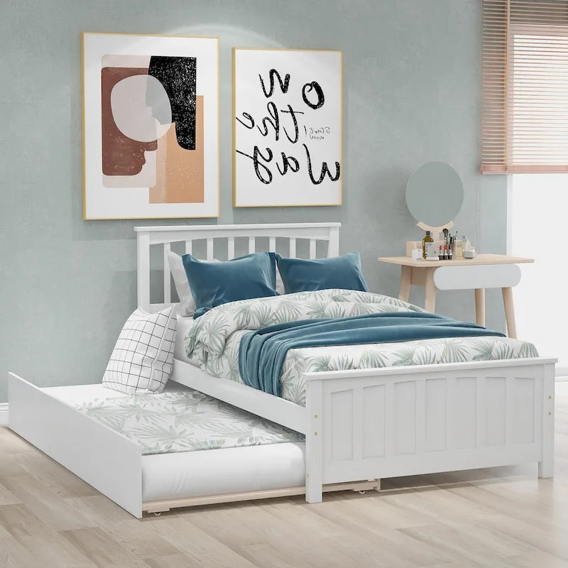 Lit plateforme double en pin massif gris/blanc avec lit gigogne – Style moderne, pour 1 à 2 personnes