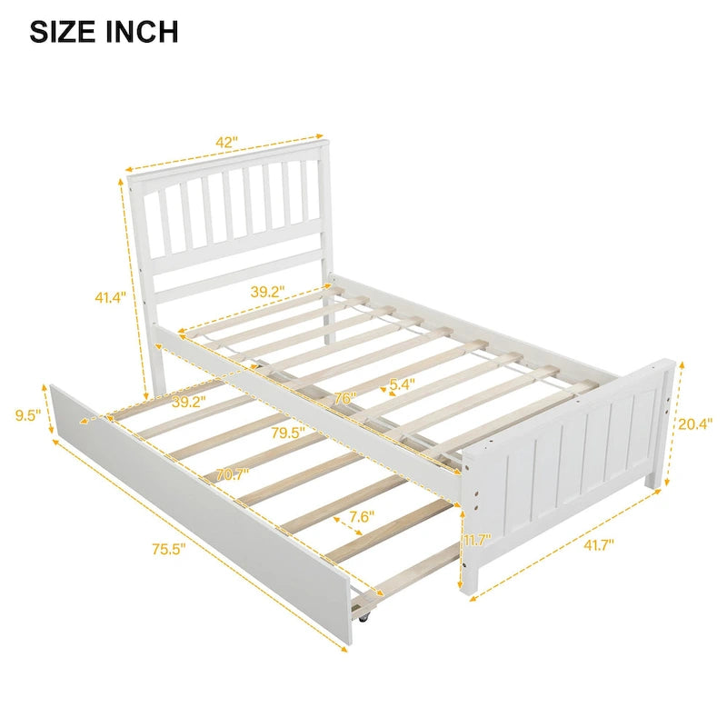 Lit plateforme double en pin massif gris/blanc avec lit gigogne – Style moderne, pour 1 à 2 personnes
