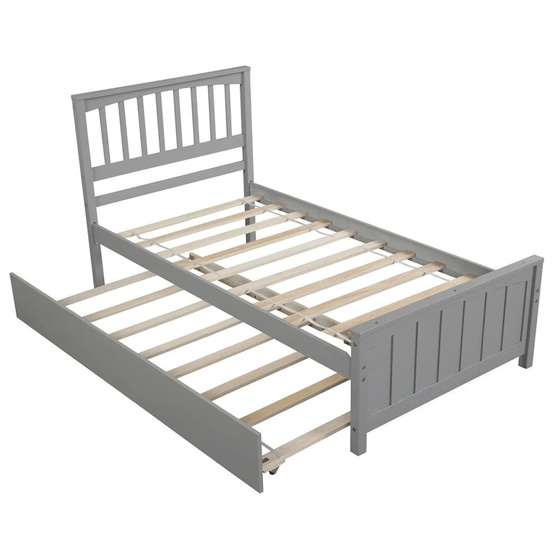 Lit plateforme double en pin massif gris/blanc avec lit gigogne – Style moderne, pour 1 à 2 personnes