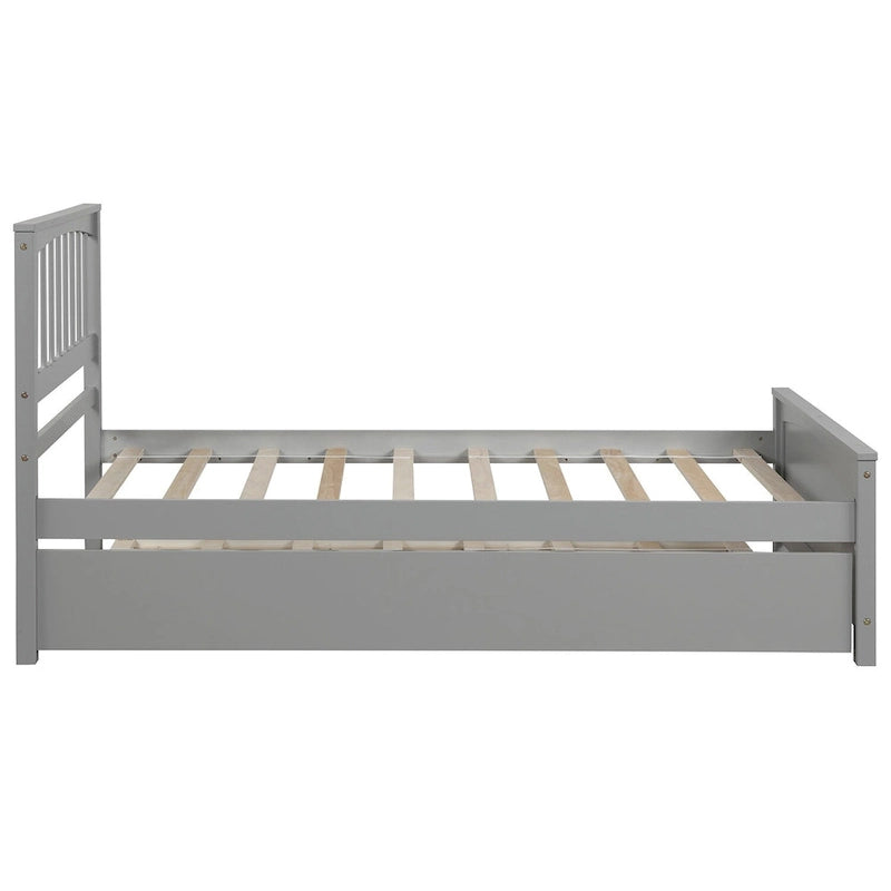 Lit plateforme double en pin massif gris/blanc avec lit gigogne – Style moderne, pour 1 à 2 personnes