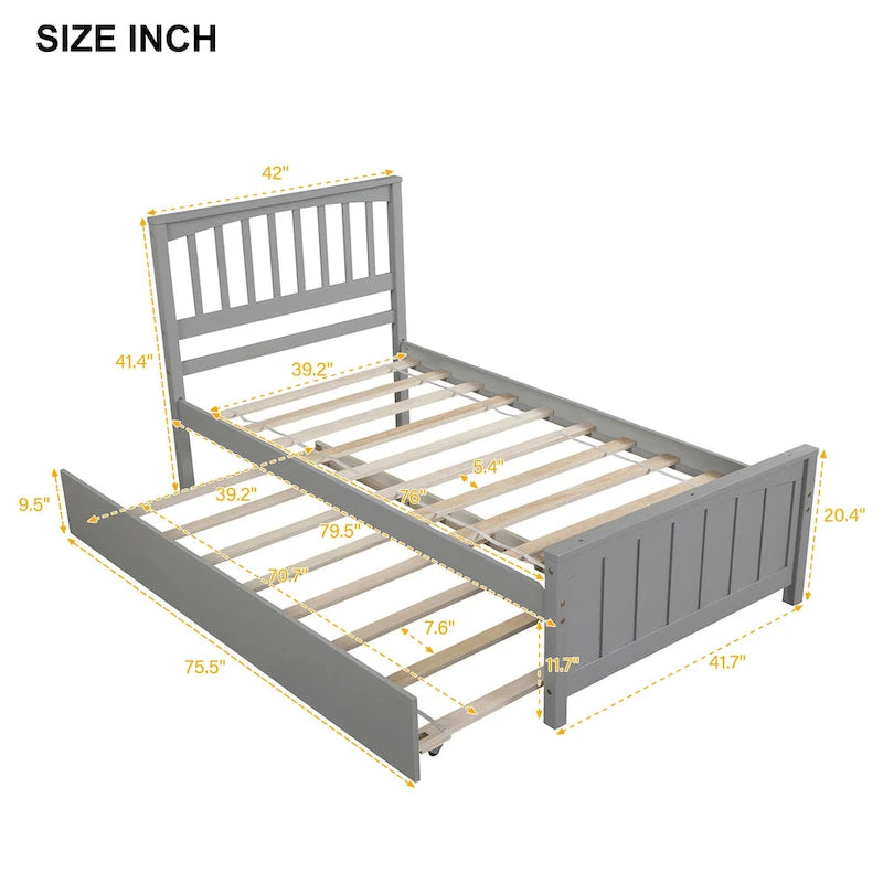 Lit plateforme double en pin massif gris/blanc avec lit gigogne – Style moderne, pour 1 à 2 personnes