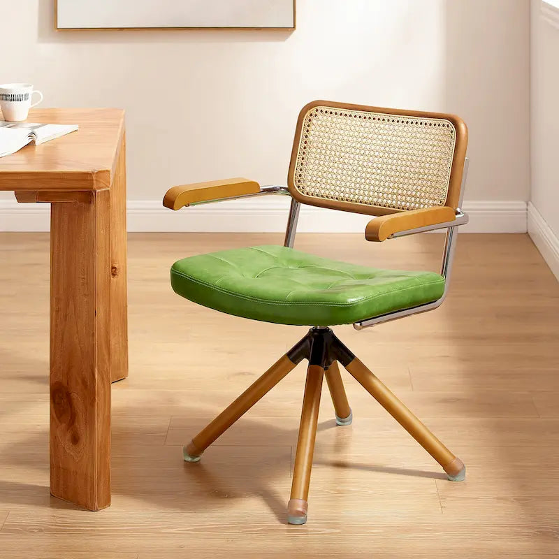 Fauteuil pivotant d'appoint marron/vert/blanc cassé/noir avec dossier en rotin et pieds en bois – 1 place