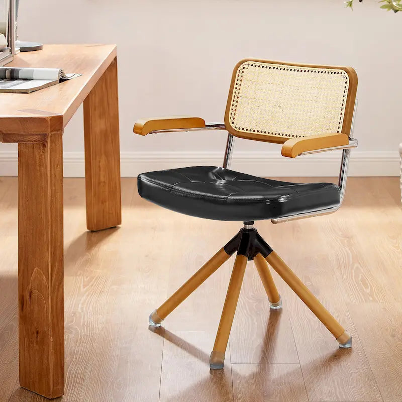 Fauteuil pivotant d'appoint marron/vert/blanc cassé/noir avec dossier en rotin et pieds en bois – 1 place