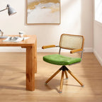 Fauteuil pivotant d'appoint marron/vert/blanc cassé/noir avec dossier en rotin et pieds en bois – 1 place