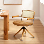 Fauteuil pivotant d'appoint marron/vert/blanc cassé/noir avec dossier en rotin et pieds en bois – 1 place