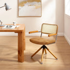 Fauteuil pivotant d'appoint marron/vert/blanc cassé/noir avec dossier en rotin et pieds en bois – 1 place