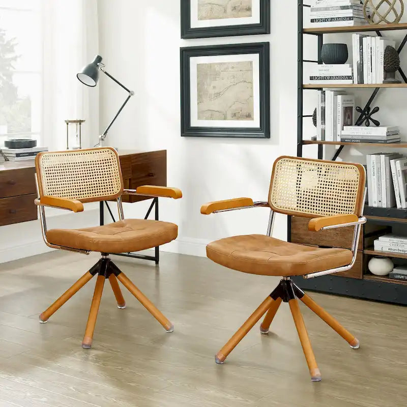 Fauteuil pivotant d'appoint marron/vert/blanc cassé/noir avec dossier en rotin et pieds en bois – 1 place