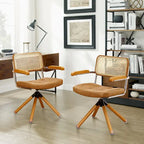 Fauteuil pivotant d'appoint marron/vert/blanc cassé/noir avec dossier en rotin et pieds en bois – 1 place