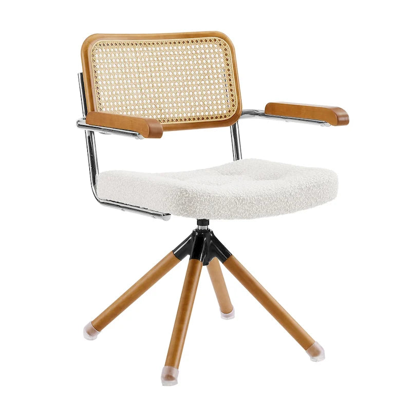 Fauteuil pivotant d'appoint marron/vert/blanc cassé/noir avec dossier en rotin et pieds en bois – 1 place
