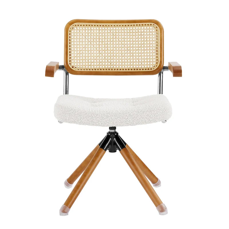 Fauteuil pivotant d'appoint marron/vert/blanc cassé/noir avec dossier en rotin et pieds en bois – 1 place