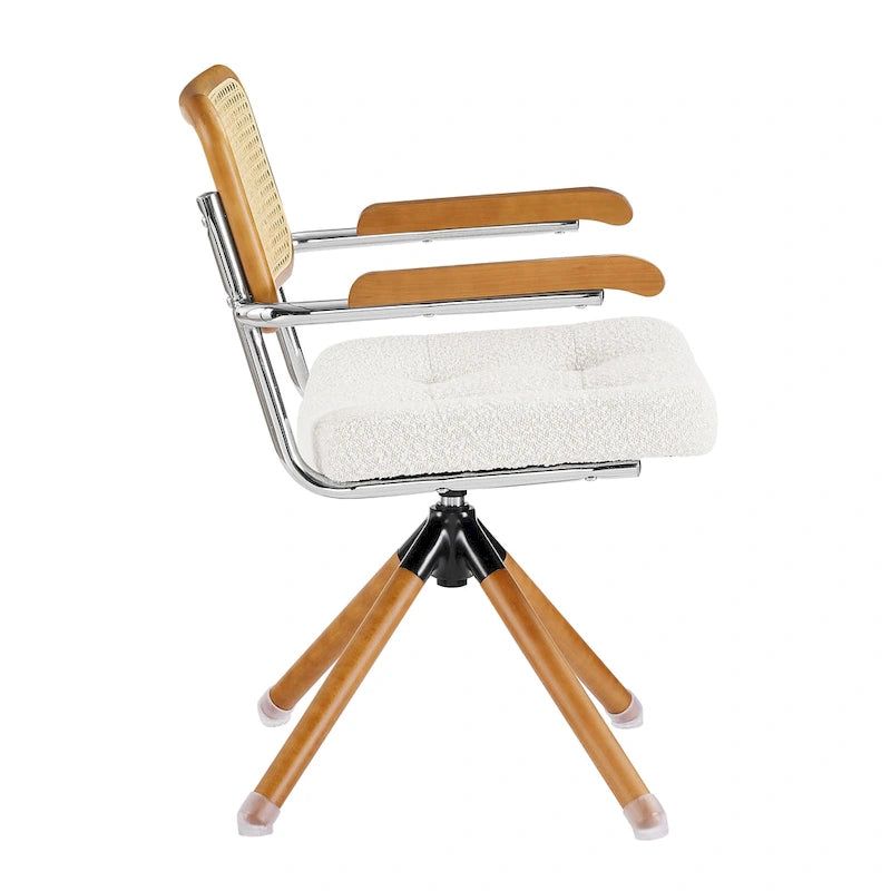 Fauteuil pivotant d'appoint marron/vert/blanc cassé/noir avec dossier en rotin et pieds en bois – 1 place