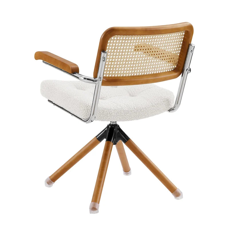 Fauteuil pivotant d'appoint marron/vert/blanc cassé/noir avec dossier en rotin et pieds en bois – 1 place