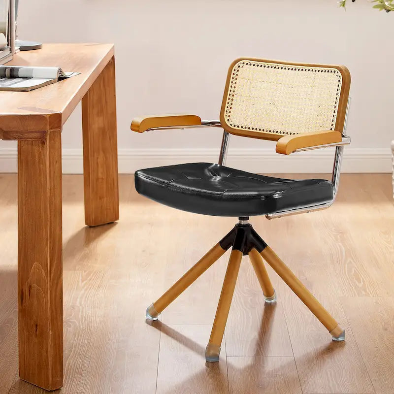 Fauteuil pivotant d'appoint marron/vert/blanc cassé/noir avec dossier en rotin et pieds en bois – 1 place