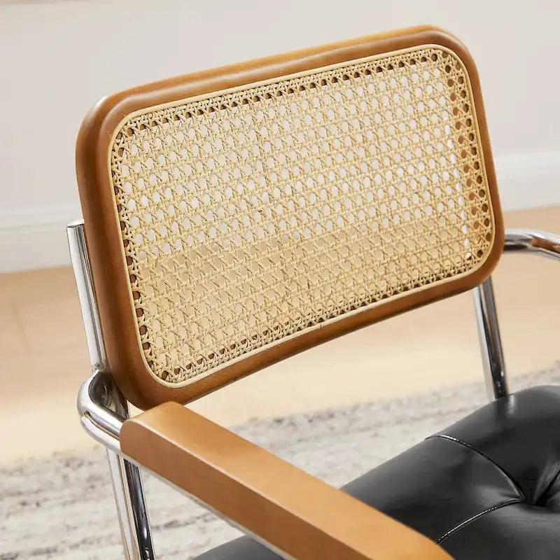 Fauteuil pivotant d'appoint marron/vert/blanc cassé/noir avec dossier en rotin et pieds en bois – 1 place