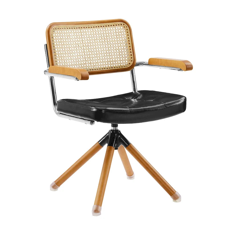 Fauteuil pivotant d'appoint marron/vert/blanc cassé/noir avec dossier en rotin et pieds en bois – 1 place