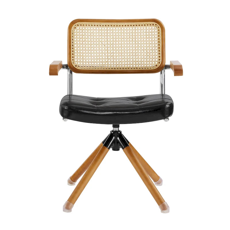 Fauteuil pivotant d'appoint marron/vert/blanc cassé/noir avec dossier en rotin et pieds en bois – 1 place