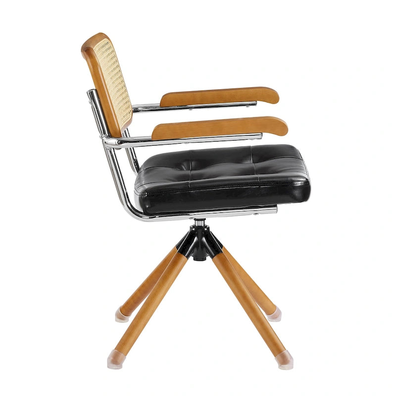 Fauteuil pivotant d'appoint marron/vert/blanc cassé/noir avec dossier en rotin et pieds en bois – 1 place